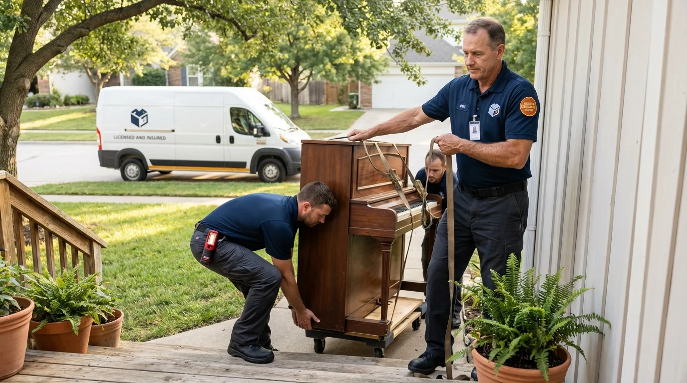 Licensed piano movers securing grand piano in Howell, MI
