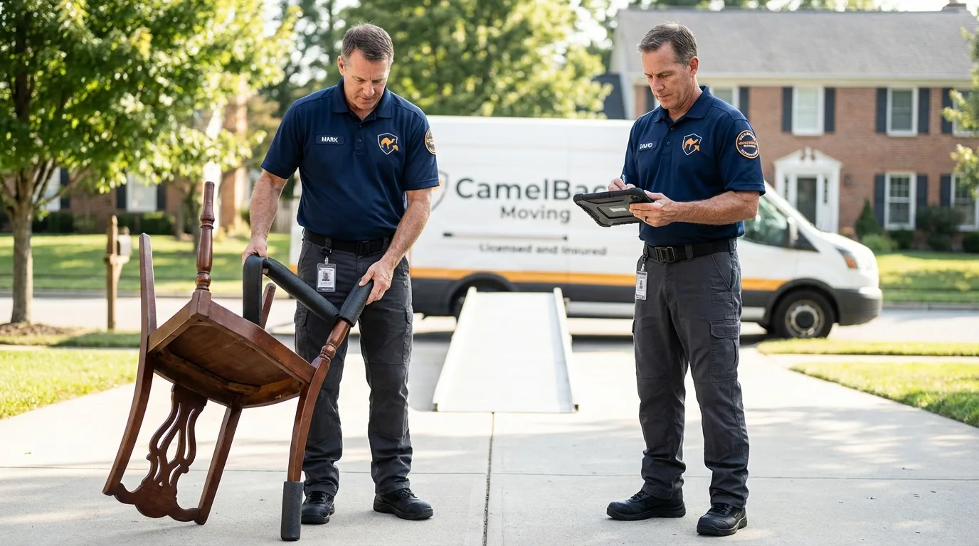 Movers inspecting furniture for damage prevention before loading in Howell, MI